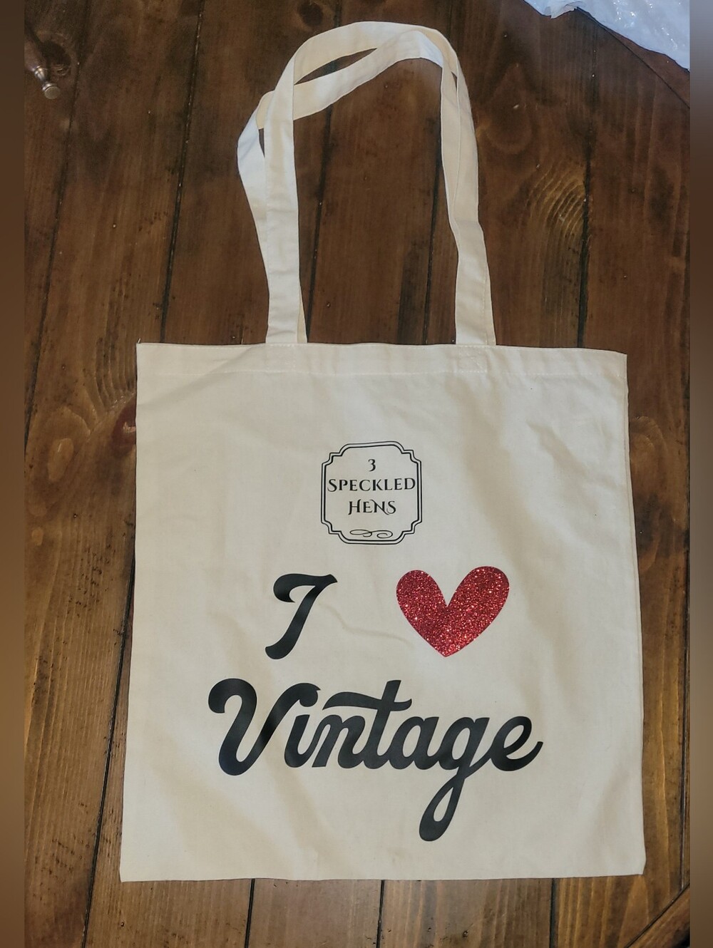3 Speckled Hens Canvas Tote with Red Heart Accent I Love Vintage
